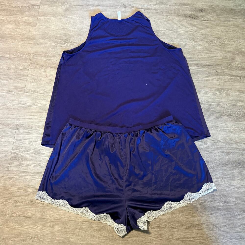 Sleep by Cacique Plum Satin Pajama Set Lace Trim Shorts Tank Plus Size 22/24 - Picture 2 of 9